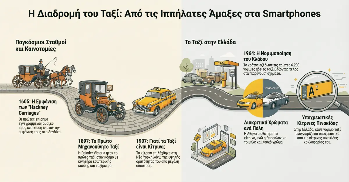 Infographic που δείχνει την εξέλιξη του ταξί από τις ιππήλατες άμαξες του 1605 μέχρι τα σύγχρονα smartphones και τις κίτρινες πινακίδες στην Ελλάδα.