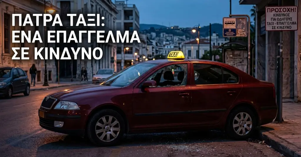 Ένα μπορντό ταξί στην Πάτρα με σπασμένο τζάμι κατά τη διάρκεια της νύχτας, που αναδεικνύει τις πρόσφατες επιθέσεις και τη στοχοποίηση των οδηγών.